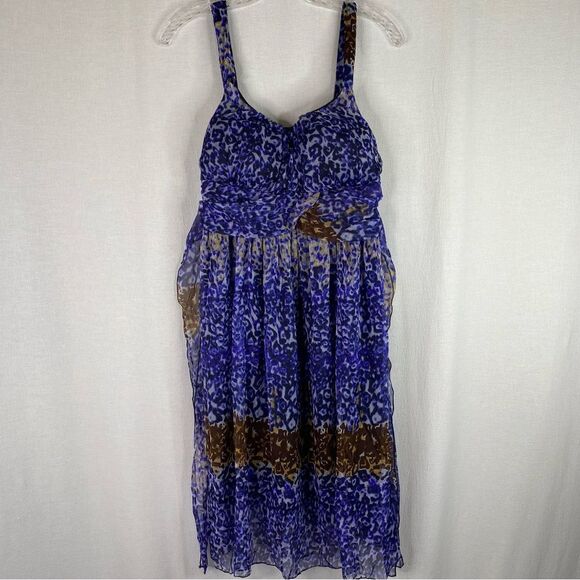 California Woman Blue Brown Leopard Animal Print Sleeveless Summer Dress L - Picture 2 of 9